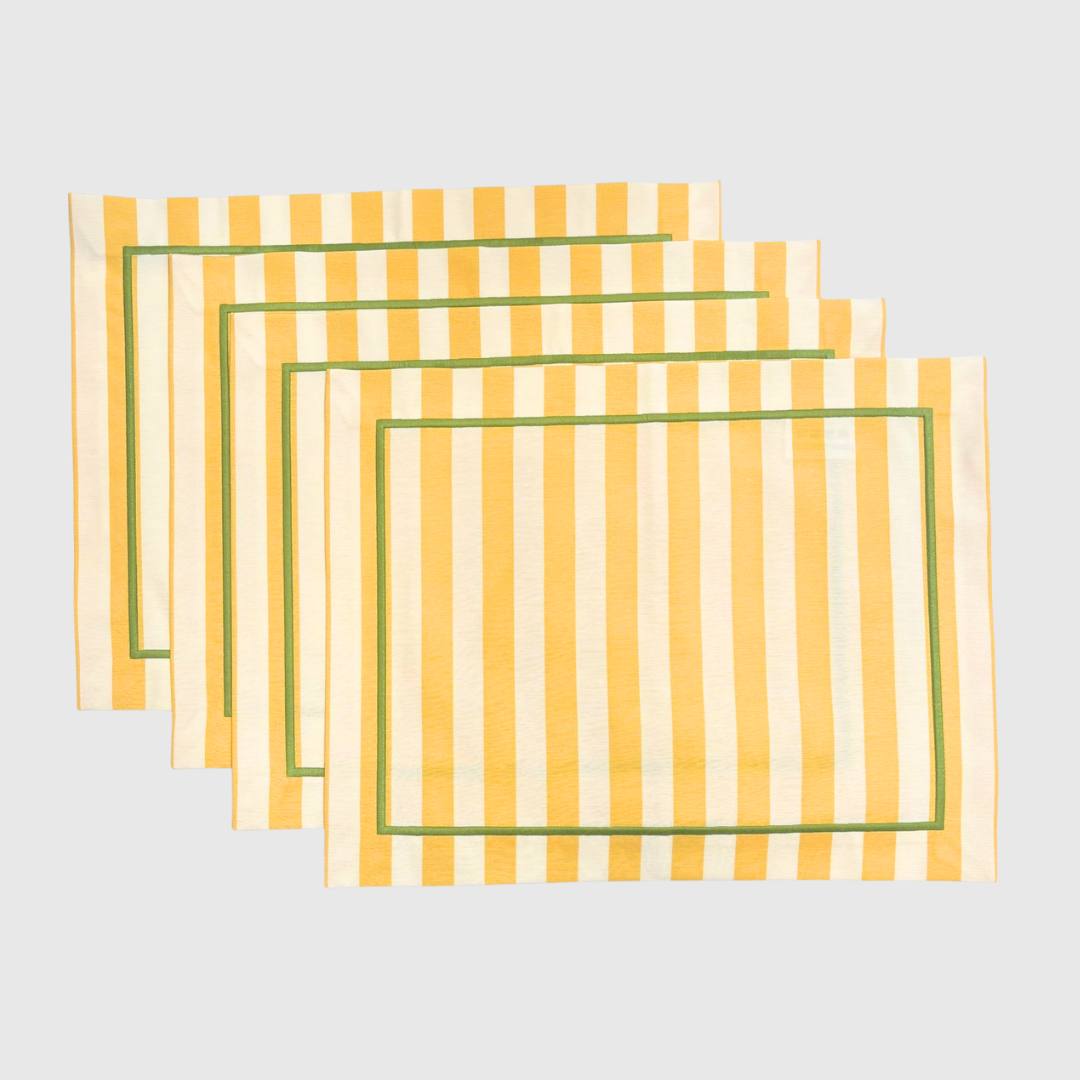 Yellow Stripe Placemats with Green Embroidered Border (Set of 4)