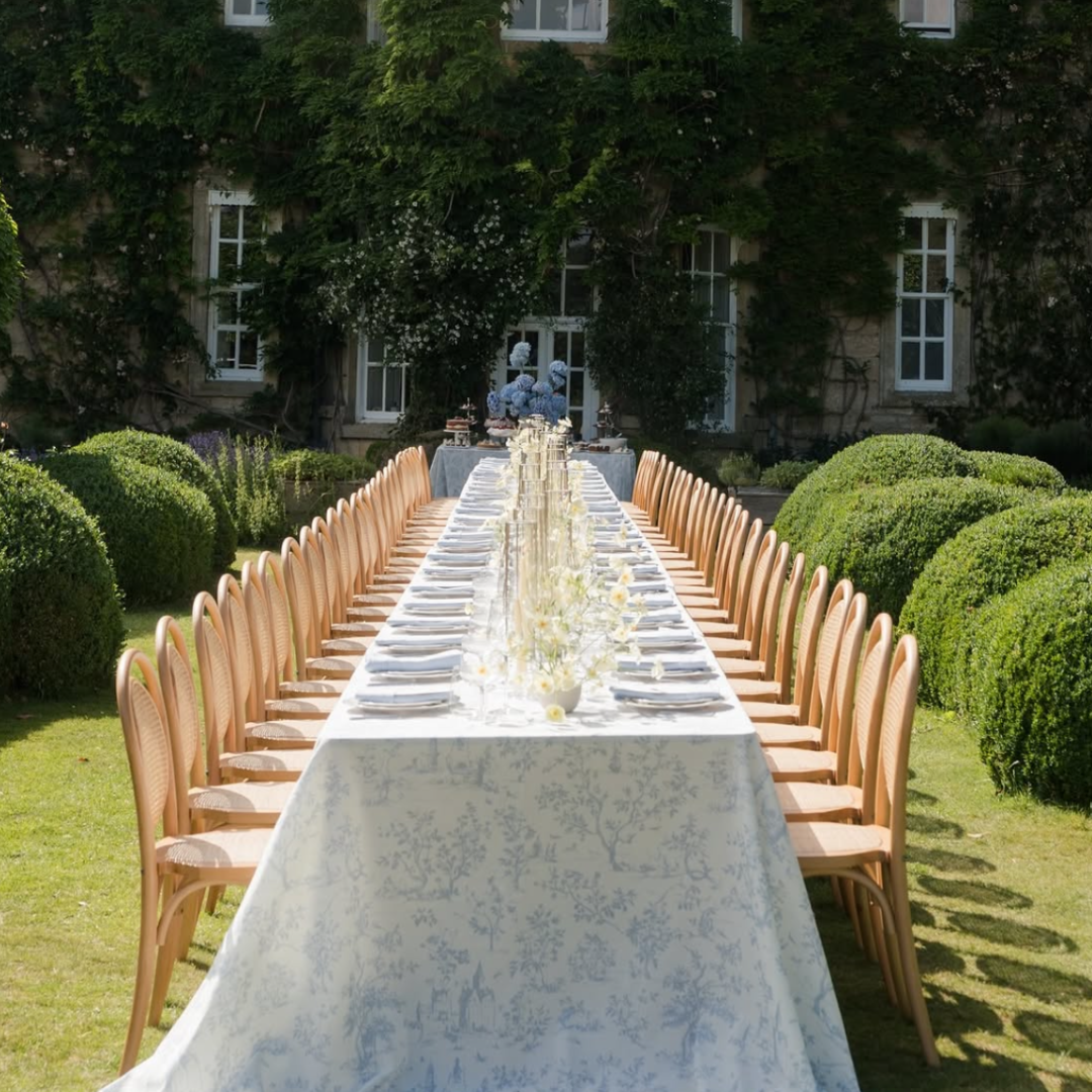 Rent: Pale Blue Toile Tablecloth