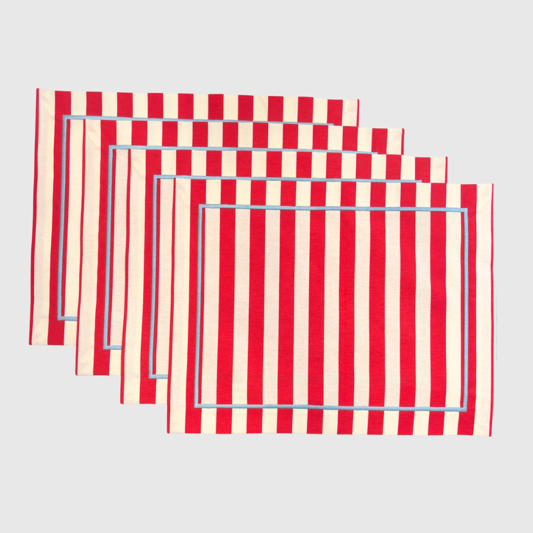 Red Stripe Placemats with Blue Embroidered Border (Set of 4)