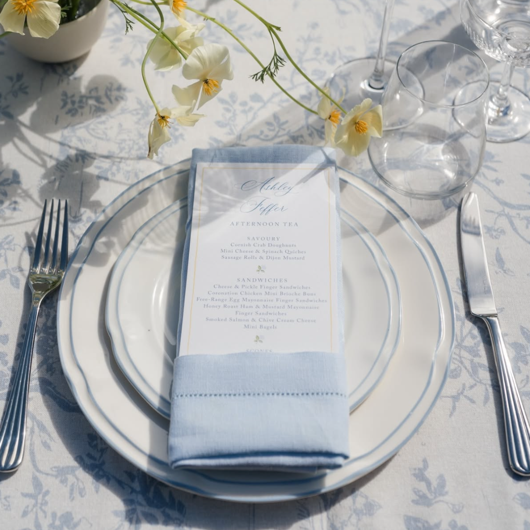 Rent: Pale Blue Toile Tablecloth