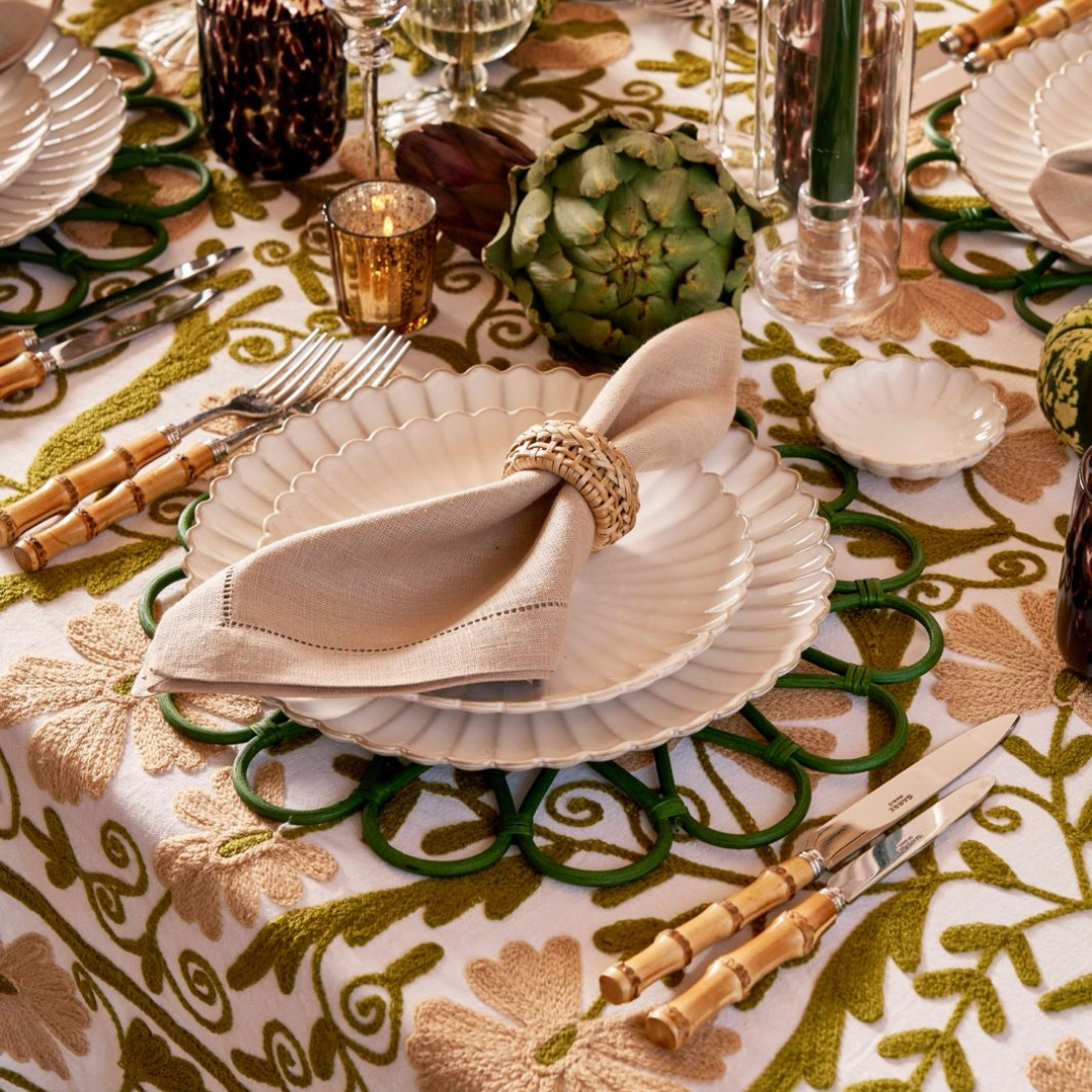 Olive Suzani Embroidered Tablecloth - 180x300cm