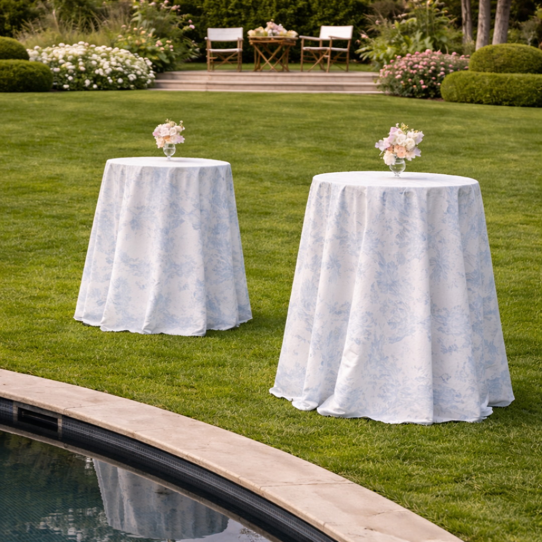 Rent: Pale Blue Toile Poseur Tablecloth