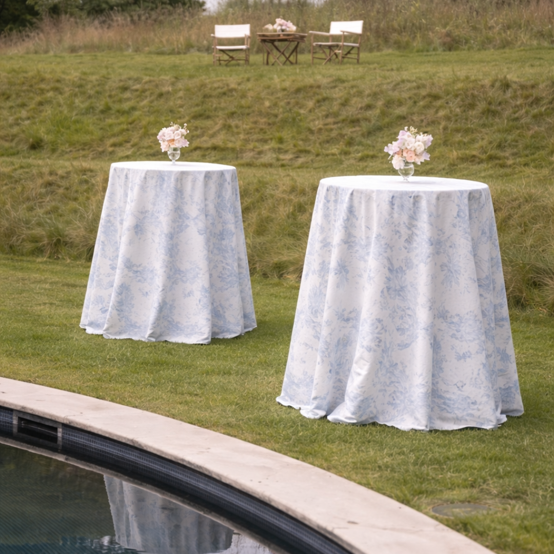 Rent: Pale Blue Toile Poseur Tablecloth