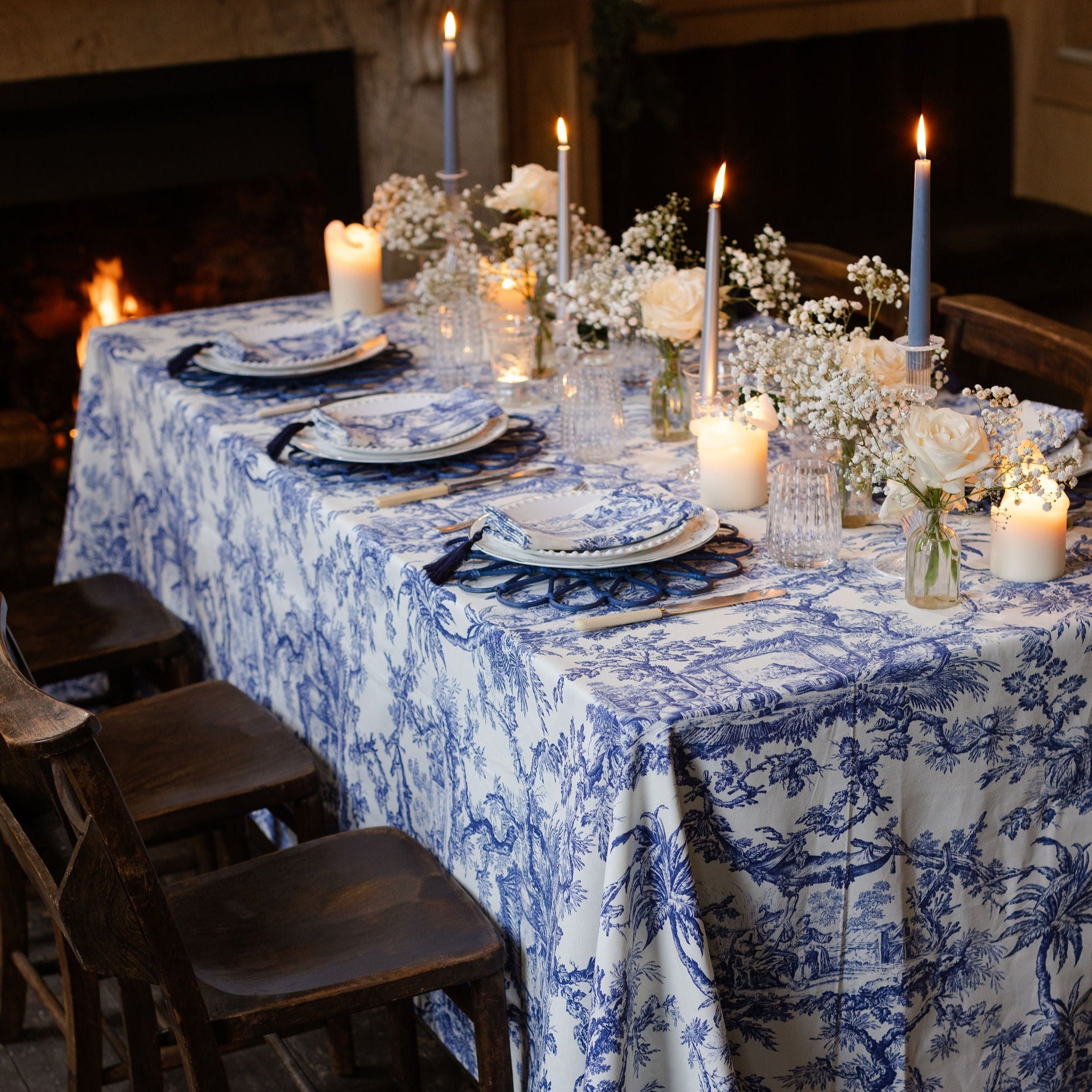 Dark Blue Toile Tablecloth - 150x300cm