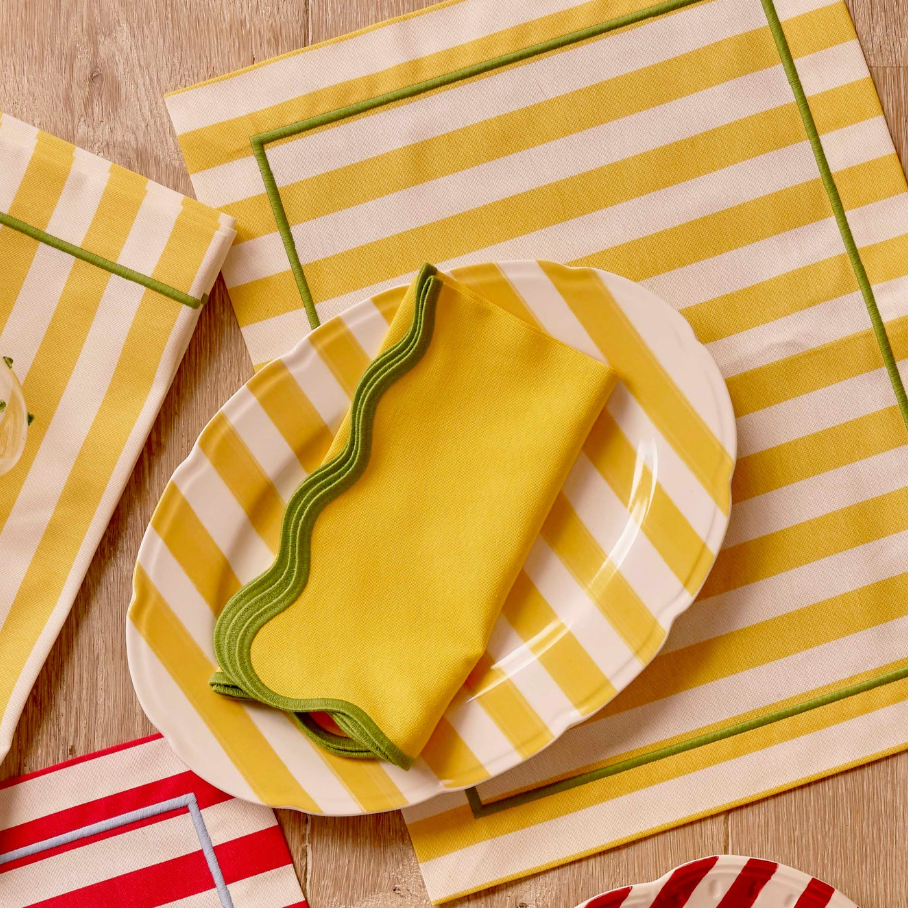 Yellow Stripe Placemats with Green Embroidered Border (Set of 4)