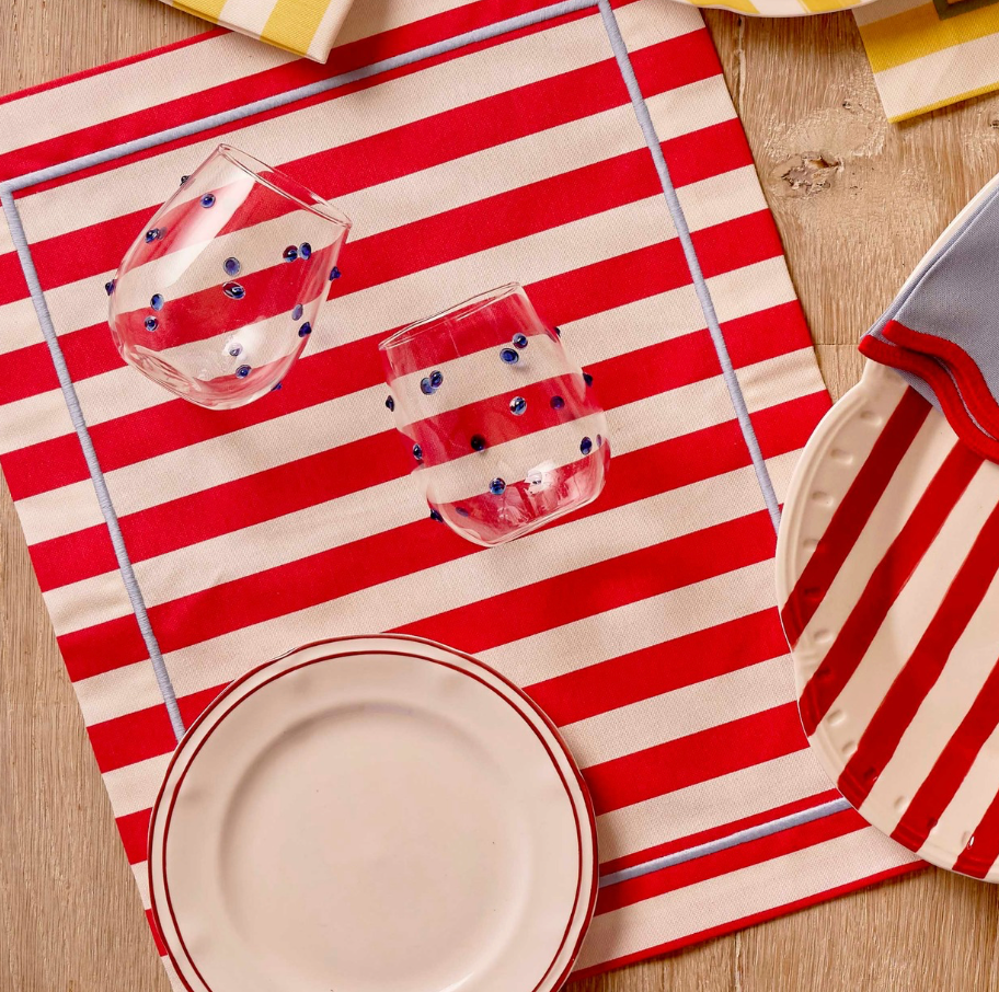Red Stripe Placemats with Blue Embroidered Border (Set of 4)