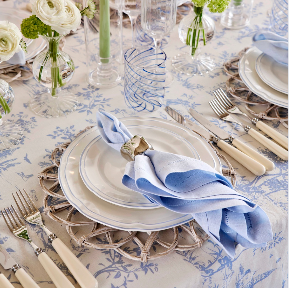 Rent: Pale Blue Toile Tablecloth