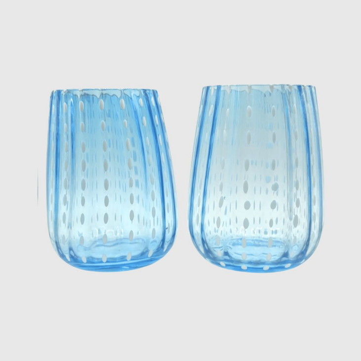Blue Speckled Curved Water Glass (set of 7) - Preloved