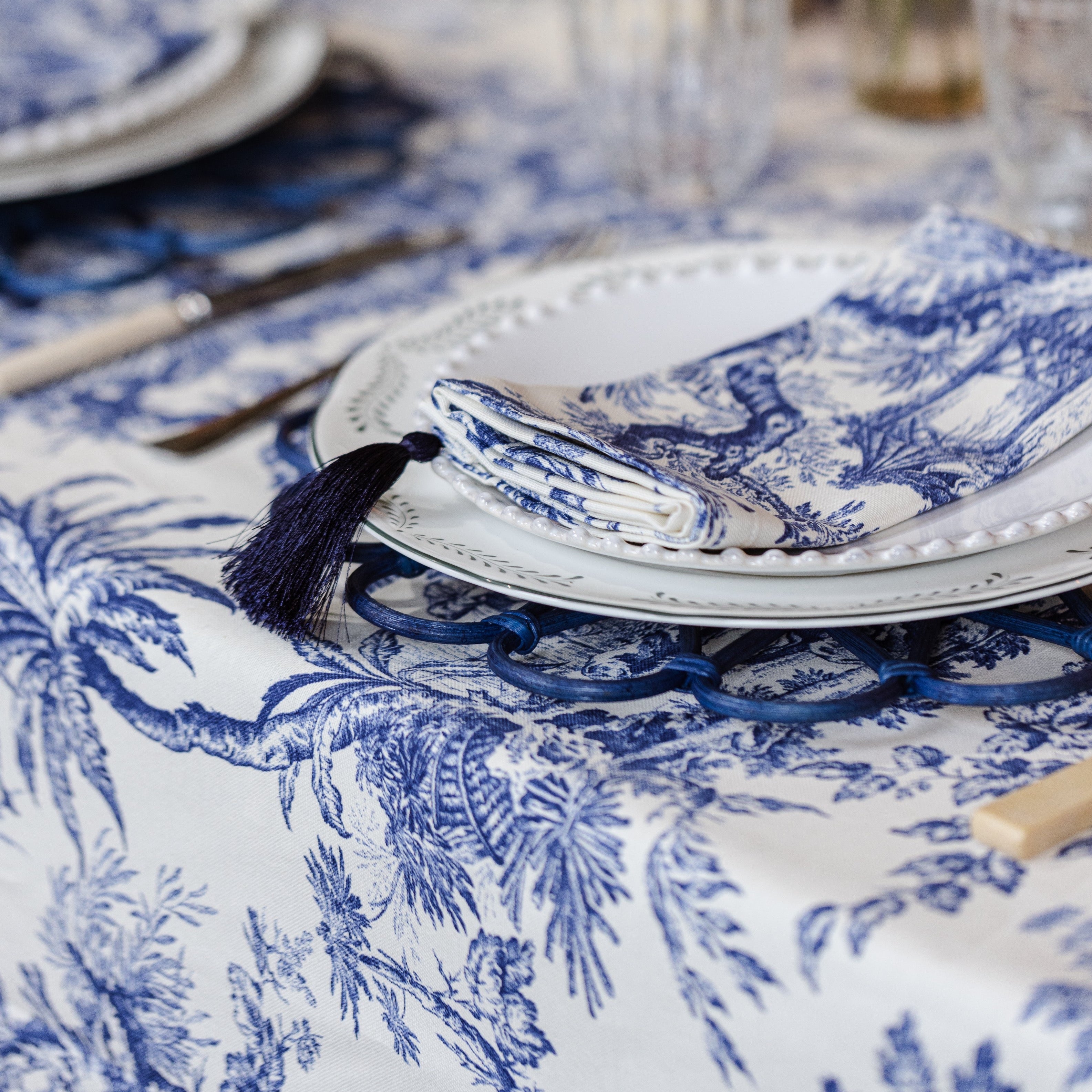 Dark Blue Toile Tablecloth - 150x300cm