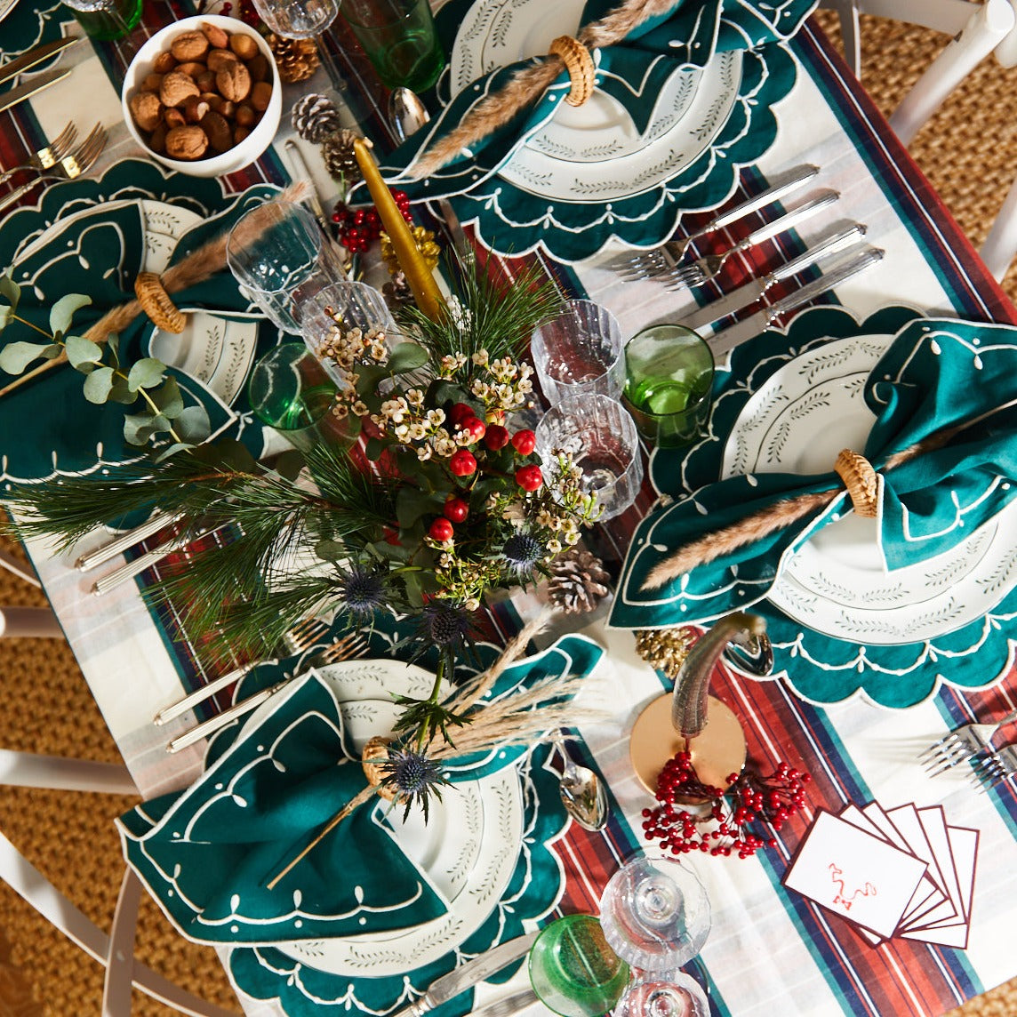 Embroidered Poppy Forest Green Placemat (set of 4)