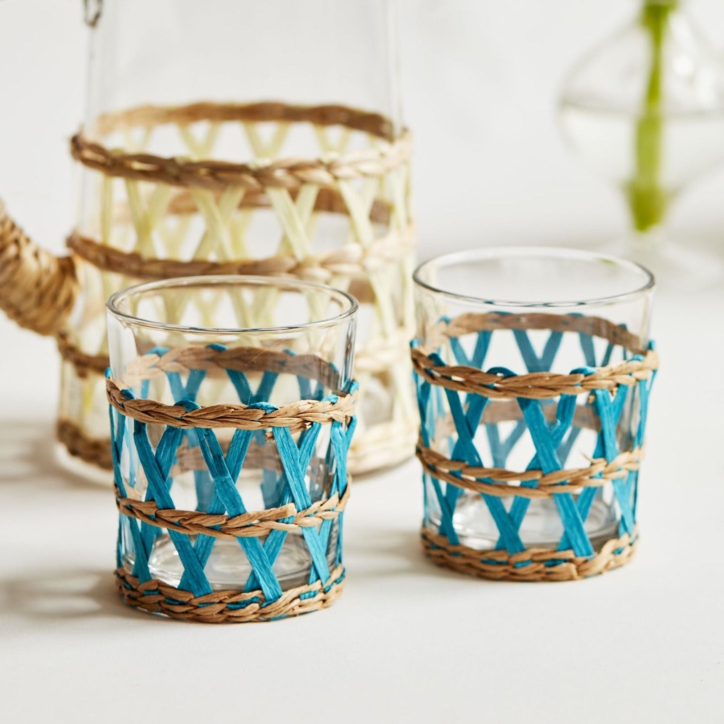 Teal Wicker Water Glass (set of 2)