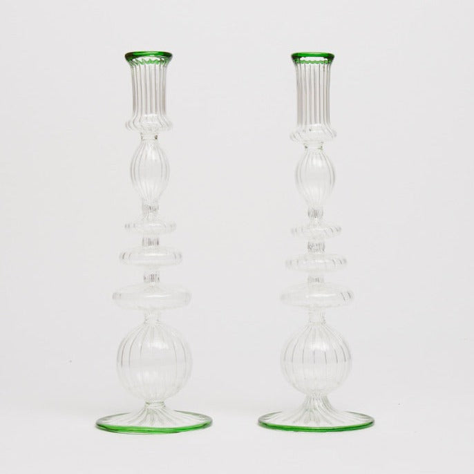 Hand Blown Green Edged Candle Holders (pair)