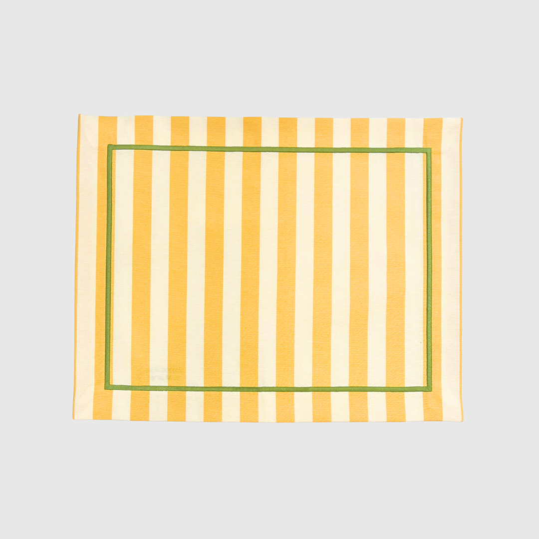 Yellow Stripe Placemats with Green Embroidered Border (Set of 4)