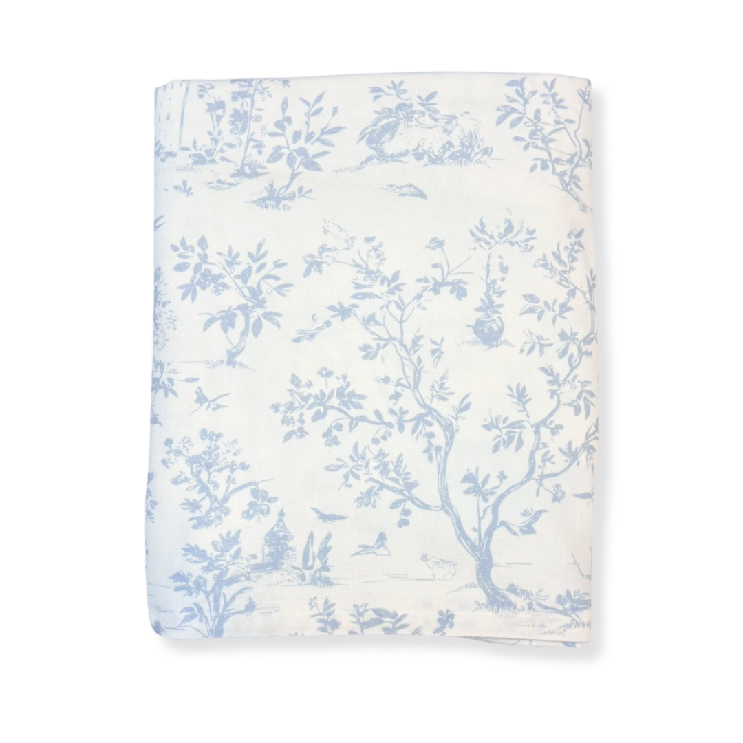 Rent: Pale Blue Toile Tablecloth