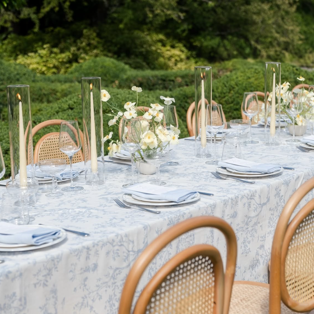 Rent: Pale Blue Toile Tablecloth
