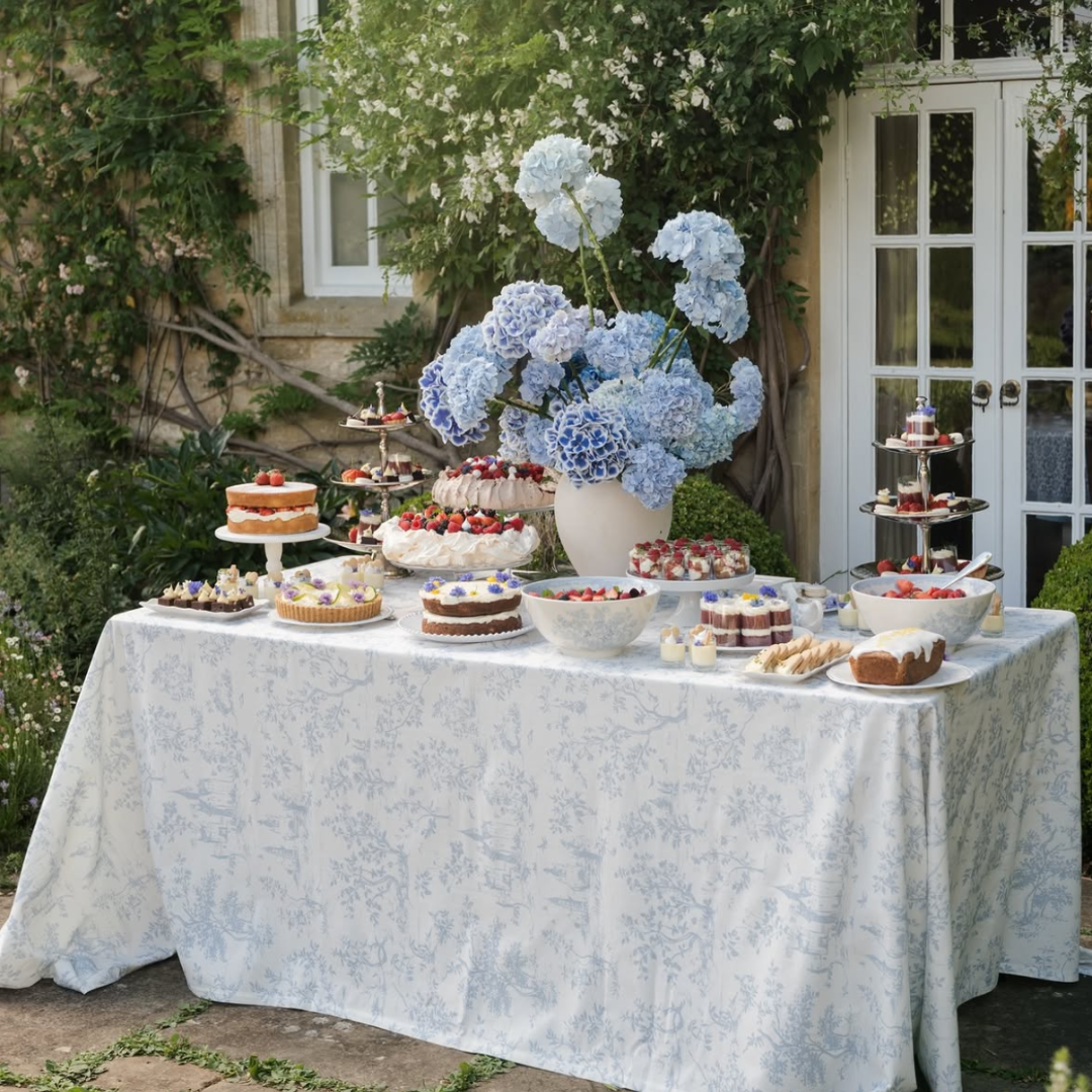 Rent: Pale Blue Toile Tablecloth