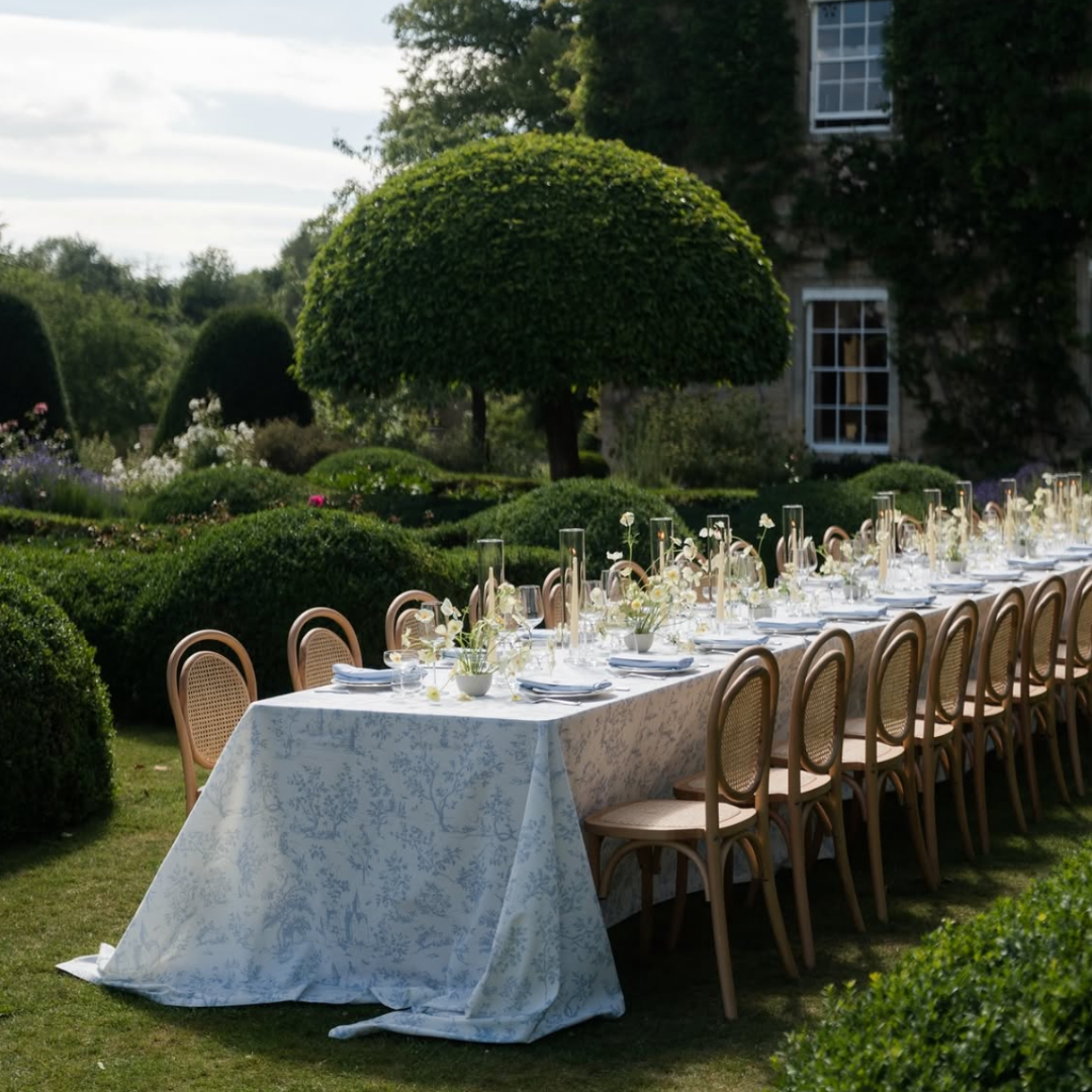 Rent: Pale Blue Toile Tablecloth