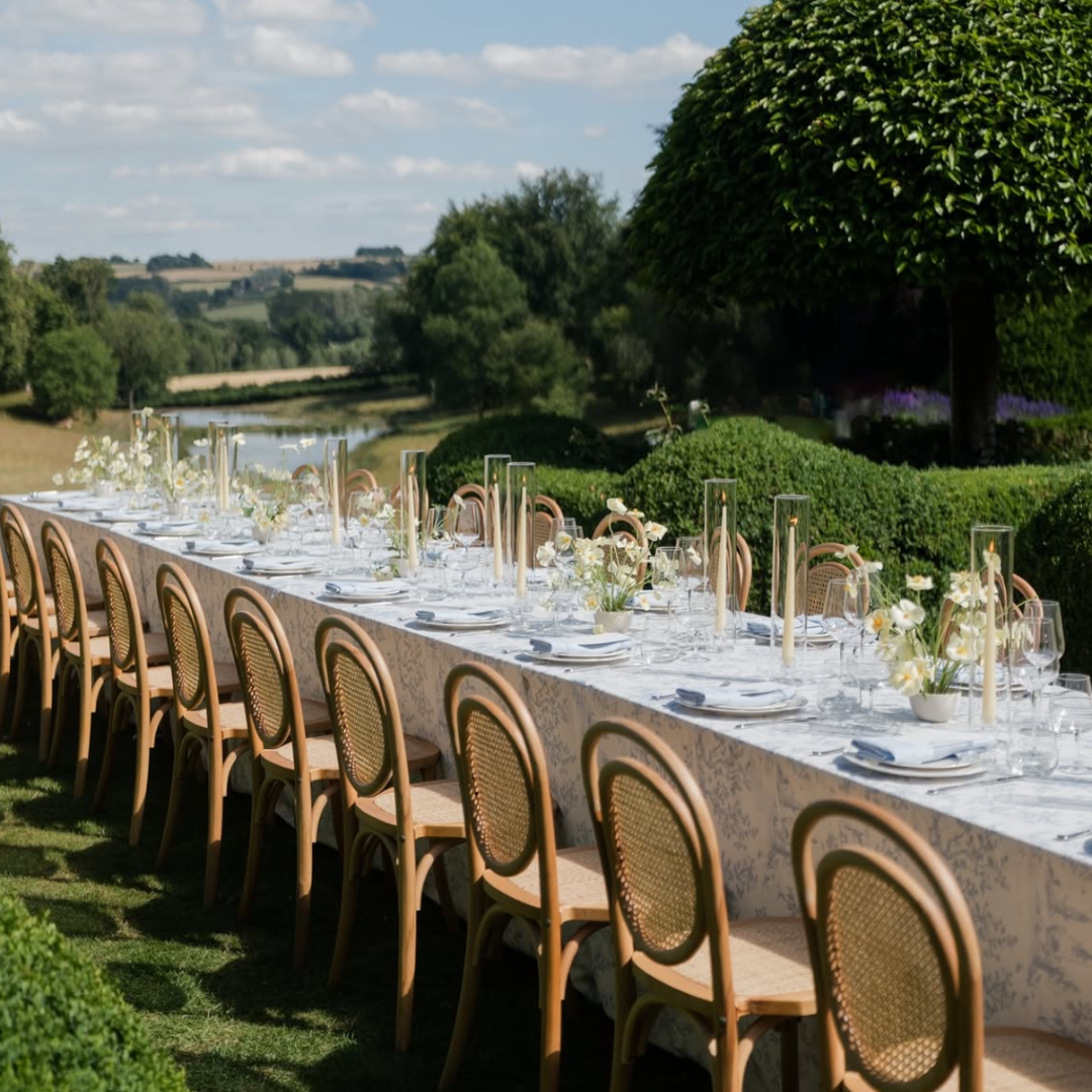 Rent: Pale Blue Toile Tablecloth