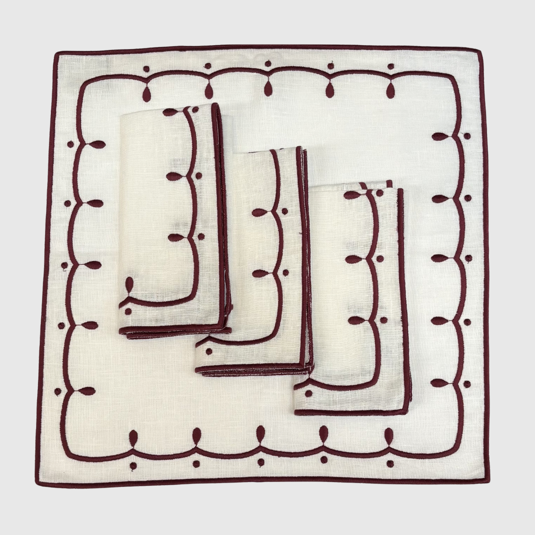 Poppy White & Burgundy Napkins (set of 8) - Preloved