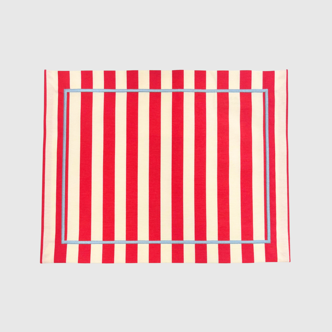 Red Stripe Placemats with Blue Embroidered Border (Set of 4)