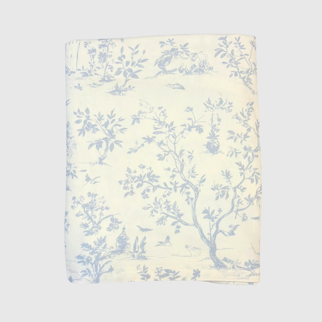 Rent: Pale Blue Toile Tablecloth