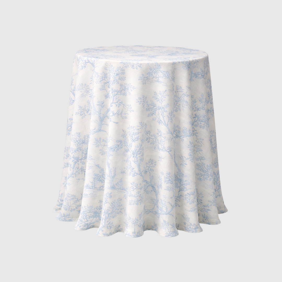 Rent: Pale Blue Toile Poseur Tablecloth