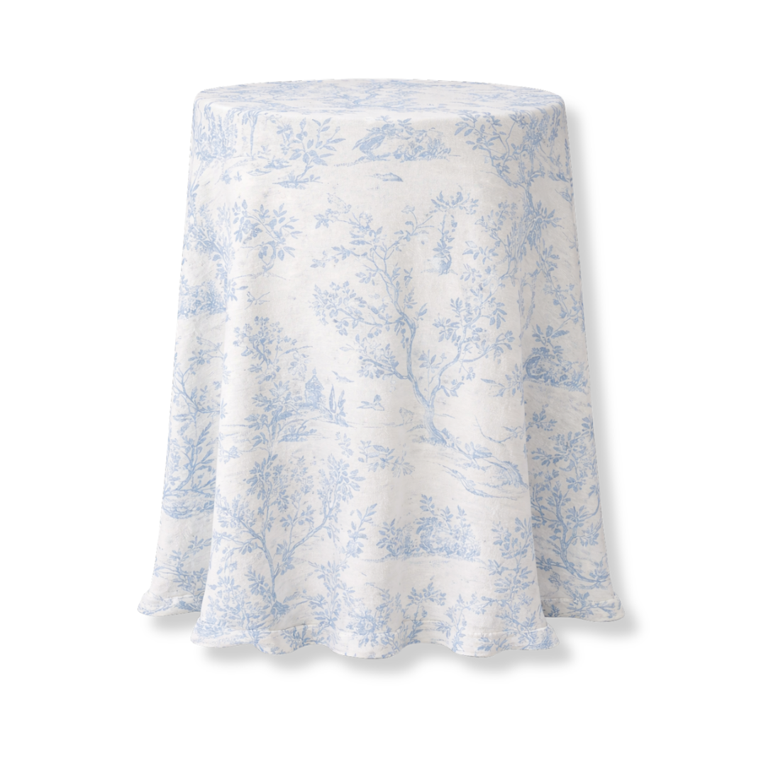 Rent: Pale Blue Toile Poseur / Small Round Tablecloth