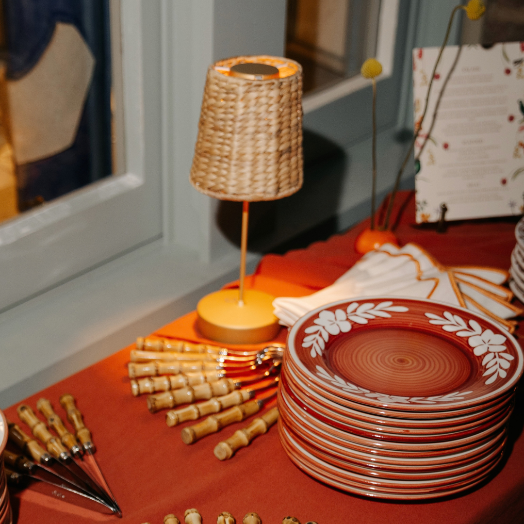 Rent: Gold Table Lamp & Rattan Lampshade