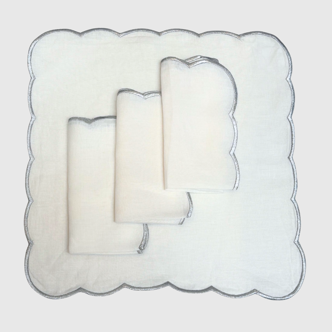 Embroidered Silver Scallop Napkins (set of 14) - Preloved